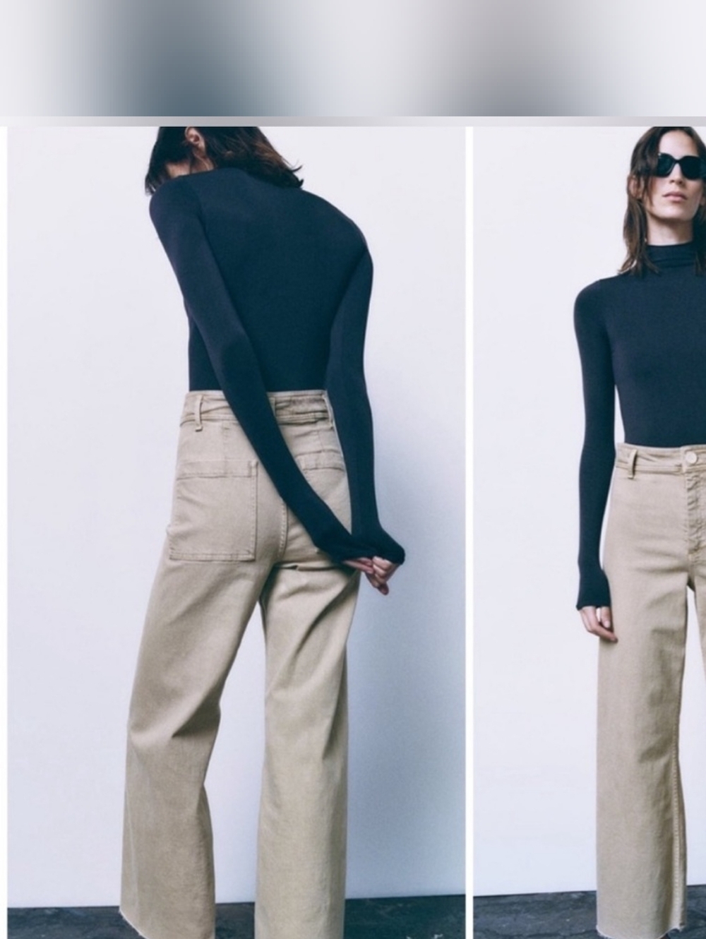 ZARA Marine Straight Patch Pocket Jean Sz 8 Wide Leg Raw Hem Beige Stone - Picture 14 of 14